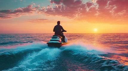 Man enjoys jet skiing on the open sea at sunset