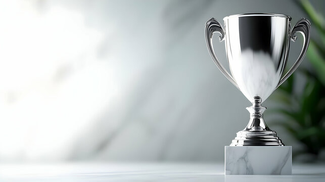 Shiny silver trophy on a marble base.
