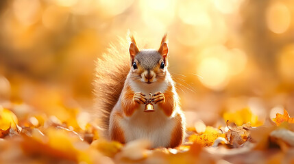 Squirrel perched on autumn leaves.