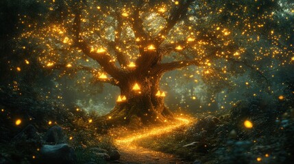 Enchanting glowing tree in a mystical forest, illuminated path.