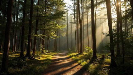 A forest path winding through trees with sunlight filtering down, greenery, forest path