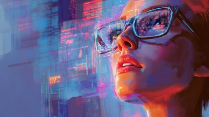 A woman in glasses examining digital interfaces with data overlaying her face banner. UX coding, big data analytics, artificial intelligence, technology, and innovation in high-tech environment
