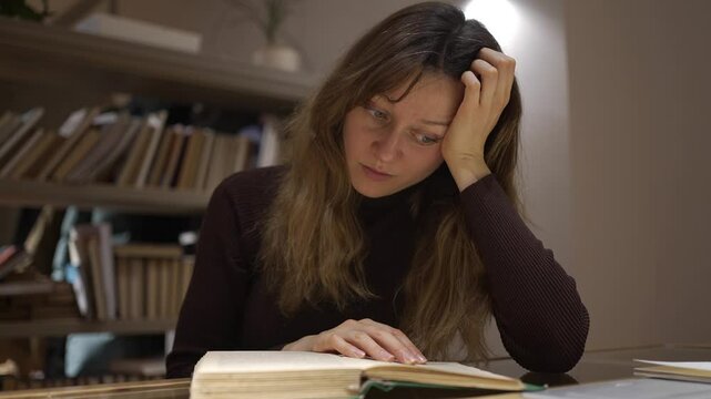Woman reading a book in a library or office expresses frustration and annoyance. Surrounded by books, she struggles with understanding, feeling stressed and tired