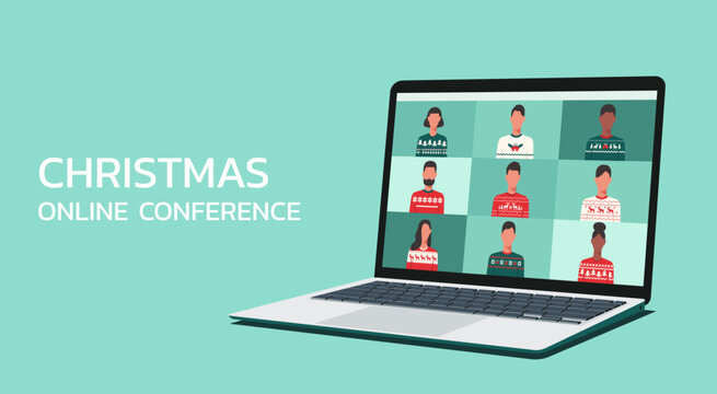 people connecting together, learning or meeting online video conference, remote working on laptop on Christmas holiday, work from home and anywhere concept, vector flat illustration design