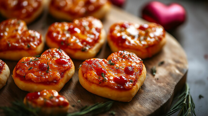 Heart shaped mini pizzas on wood cutting board with hearts in background, Valentine's Day dinner