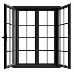 Modern black window with open double panes, showcasing sleek design and grid pattern. Perfect for contemporary architecture and interior spaces. isolated on transparent background