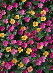 A mix of bright pink, yellow, and violet petals in a lush green foliage background , garden, lush, violet flowers
