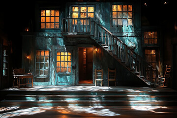 A Rustic Wooden House With Lit Windows And Exterior Staircase © Johanddss