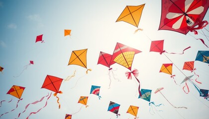 Colorful kites soaring in a clear blue sky.