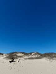 Solo traveller relaxes on beach with dog at Padre Island National Seashore in Texas