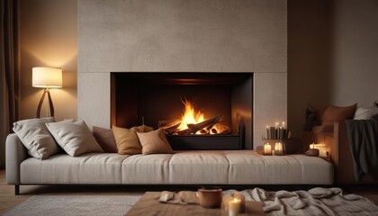 A plush sofa with a soft, oversized pillow is placed in front of a warm fireplace, cozy corner, plush furniture, inviting atmosphere
