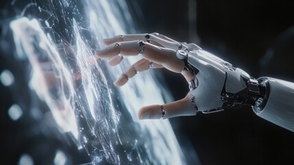 AI, Machine learning, Hands of robot and human touching on big data network connection, Data exchange, deep learning, Science and artificial intelligence technology, innovation of futuristic.
