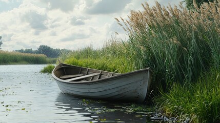 Obraz premium A weathered wooden boat rests quietly on the calm waters of a serene landscape, bordered by lush tall grass and a gentle sky filled with soft clouds, creating a peaceful ambiance