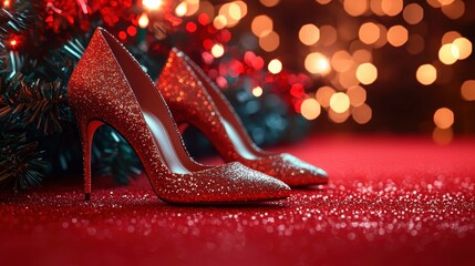 Sparkling red high heels glisten on a festive background, embodying elegance and holiday spirit with shimmering lights and rich textures.
