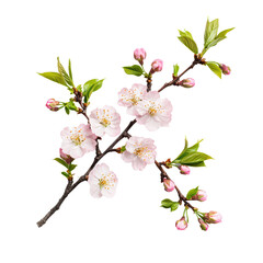 Cherry blossom branch with pink flowers and green leaves, symbolizing spring beauty and renewal. isolated on transparent background