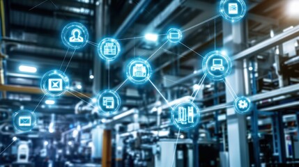 An Industrial Internet of Things IIoT network connecting devices and sensors across a modern factory floor