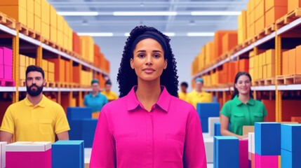 Confident Female Worker in Bright Warehouse Setting Surrounded by Diverse Team, Vibrant Colors and Organizational Efficiency Showcase Modern Workplace Dynamics