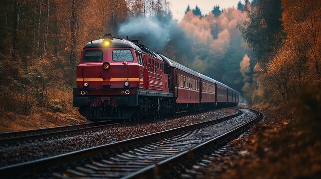 A vintage red train glides along curved tracks in a colorful autumn forest. The trees display hues of orange and yellow, creating a picturesque setting