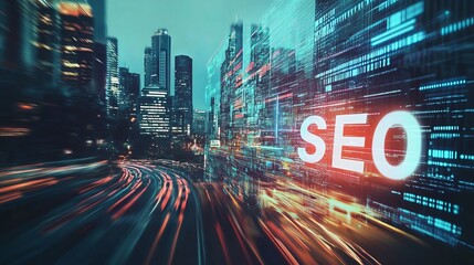 A vibrant urban landscape at night showcasing a bustling city skyline filled with illuminated skyscrapers