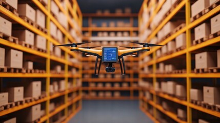 Aerial Drone Delivering Packages in a Warehouse with Stacked Cardboard Boxes and Industrial Shelving, Perfect for Logistics and Supply Chain Solutions