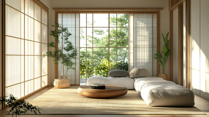 Minimalist Japandi interior for modern living room
