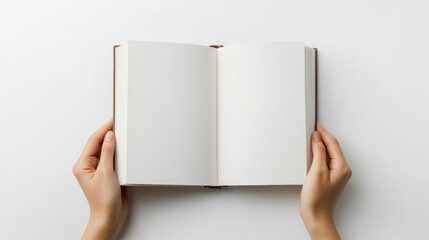 Open book held by hands on a plain background invites creativity. The empty pages beckon future stories, sketches, and ideas to be written down and explored
