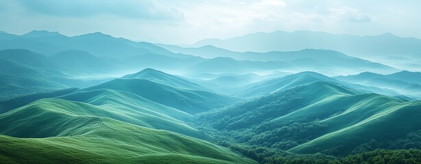 panoramic view of rolling mountains with vibrant green misty valleys under blue sky with white clouds, design backdrop for travel vacation related themes
