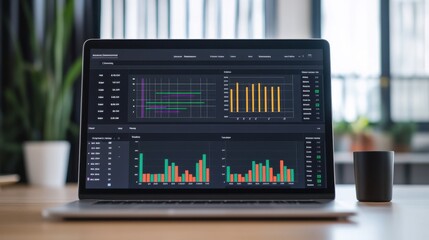 Laptop Displaying Colorful Data Visualizations and Graphs on a Dark Theme with a Coffee Cup on a Contemporary Workspace