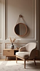 Stylish modern interior with a beige accent chair, mirror, and decorative elements, cozy home design, copy space