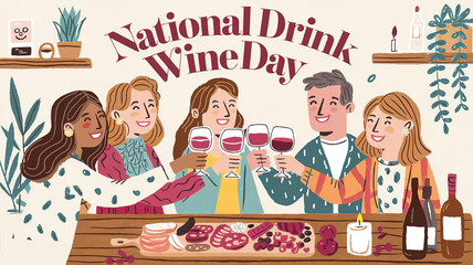 National Drink Wine Day lettering greeting poster with friends clinking wine glasses in celebration. Friends party generative ai