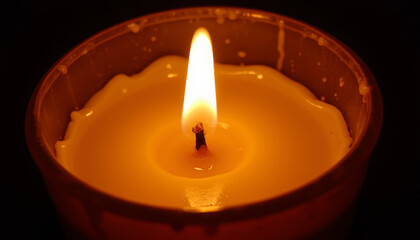 Flickering warmth from a golden candle in a dimly lit space creates an enchanting atmosphere filled with tranquility and peace