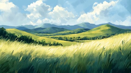 Obraz premium A Lush Green Meadow Under a Blue Sky with Puffy Clouds and Rolling Hills in the Distance