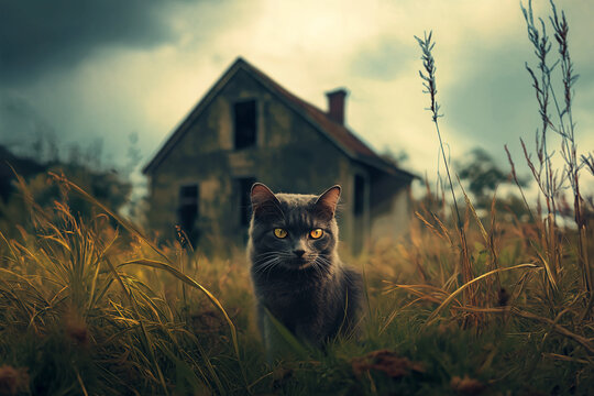 Grey cat with a lonely expression sitting in overgrown grass near an abandoned house
