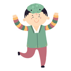 Cute boy in Korean clothes hanbok in snake hat character illustration. Hand drawn cartoon vector illustration. Flat style design. Seollal holiday card, poster, banner element