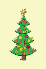 Vector color Christmas tree decorated with xmas balls, toys, decorations. Decoration element, clip art for New year, Xmas
