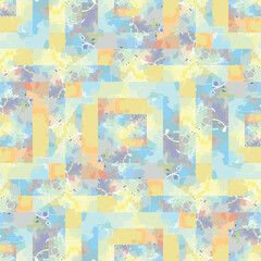 Abstract, vector, gender neutral, geometric mosaic design with pastel watercolors in yellow, blue, and lavender, ideal for digital backgrounds, stationery, and spring designs.