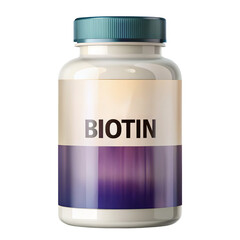 Supplement bottle with Biotin label on transparent background.