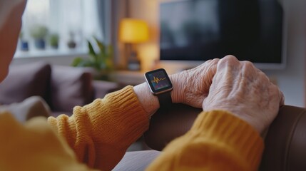 Elderly Person Using Wearable Health Monitoring Device at Home