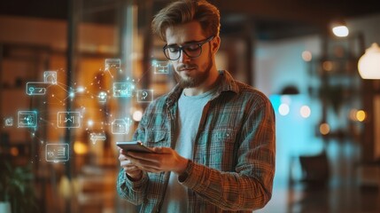 Engineer of smart house. Internet things symbols. Man with smartphone. Integration technology smart home. Guy on setting up iot devices. Specialist near icon of smart house. Modernization, innovation