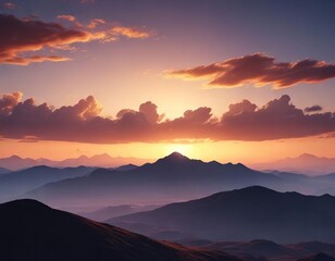 Fototapeta premium Dramatic sunrise over a vast expanse of blue and orange hue sky with silhouetted mountains, sun rise, wide angle lens, natural scenery