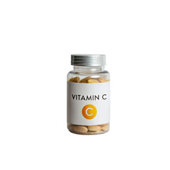 Supplement bottle with Vitamin C label on transparent background.