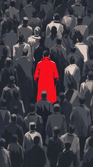 Artistic Depiction of a Crowd in Muted Tones Featuring a Single Individual in Vivid Red, Highlighting Themes of Individuality and Social Identity