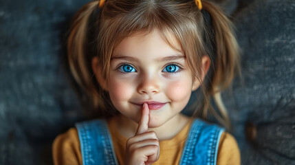 Child with blue eyes making a shushing gesture while wearing a denim outfit and smiling on a rustic background. Generative AI