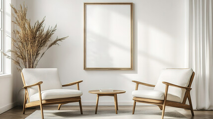 Modern Living Room with White Walls and Large Frame Poster