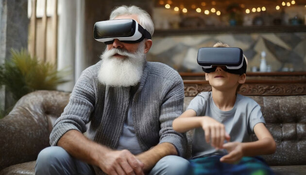 An elderly man and a child using virtual reality headsets enjoying an immersive VR experience in a cozy living room with decorative lights in the background