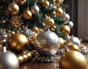 Glittering golden and silver ornaments scattered around a Christmas tree , holiday, winter wonderland, twinkling lights