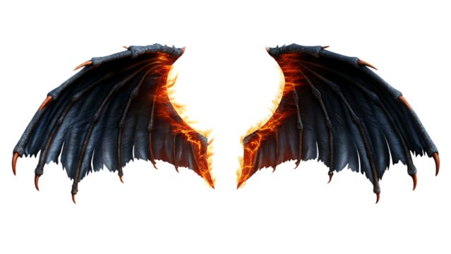 photorealistic burning demon wings on a white background.AI GENERATED