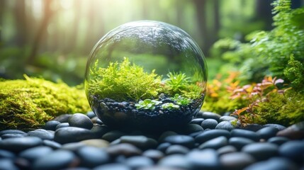 Moss Garden. nature-based Esg fintech Forest bathing Nature positive Water Bioactive terrarium Grow therapy EcoVadis Natural cycles Greenomy Glass black stones environment gree