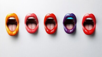 Fototapeta premium Colorful Open Lips with Tongues Displaying a Range of Bright Shades on a Minimalist Background for Artistic and Fashion Concepts