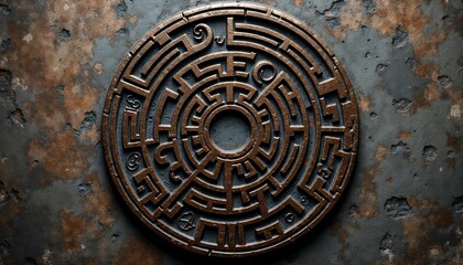 Obraz premium Round metallic labyrinth on rusty textured background with intricate design.Ancient maze of metal and rust, symbolizing mystery and complexity.A rusted labyrinth, representing the complexity of human 